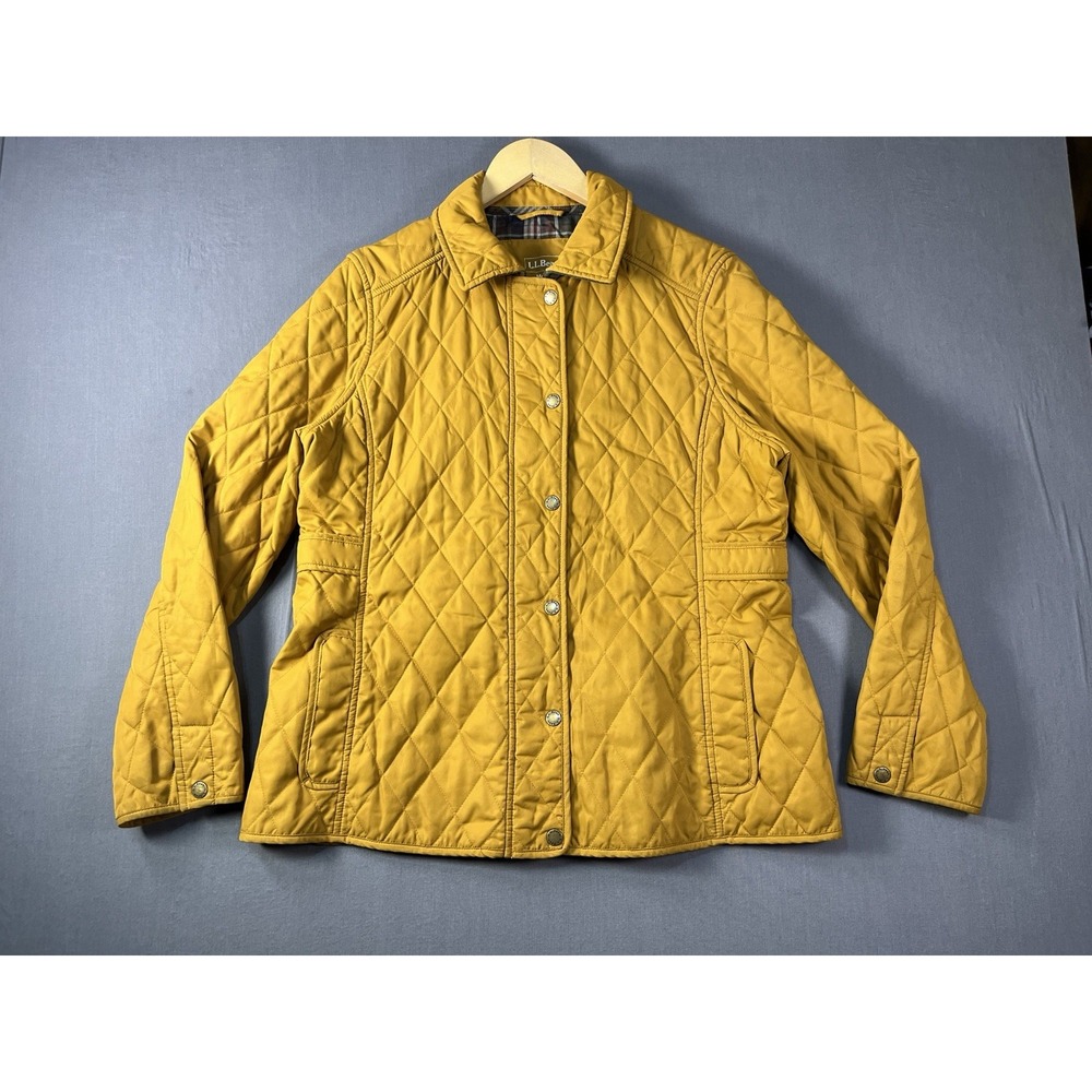 LL Bean Quilted Barn Jacket Plaid Lining Snaps Women's Medium Pet Yellow